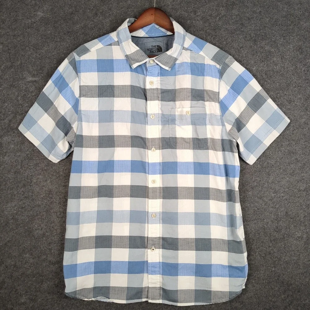 The North Face Mens Large Blue Gray Plaid Check Short Sleeve‎ Button Up Shirt
